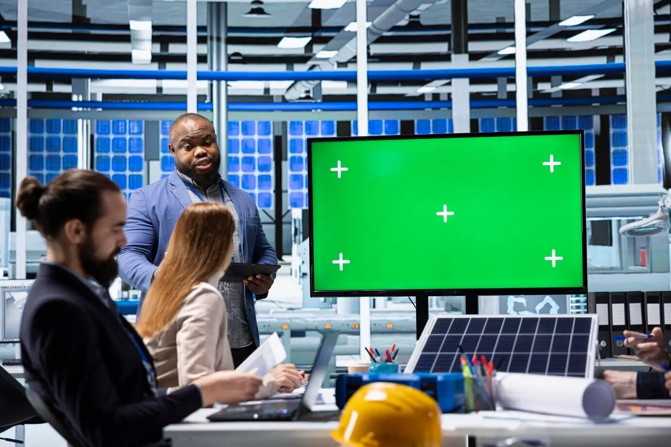 Geschäftsleute in einer Photovoltaikanlage schauen sich Investitionsdaten auf einem Mock-up-Display an.